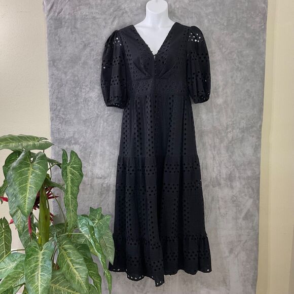 ASOS EYELET BLACKBabydoll MIDI LONG TIERED DRESS WOMEN'S SIZE 14 Puff sleeves